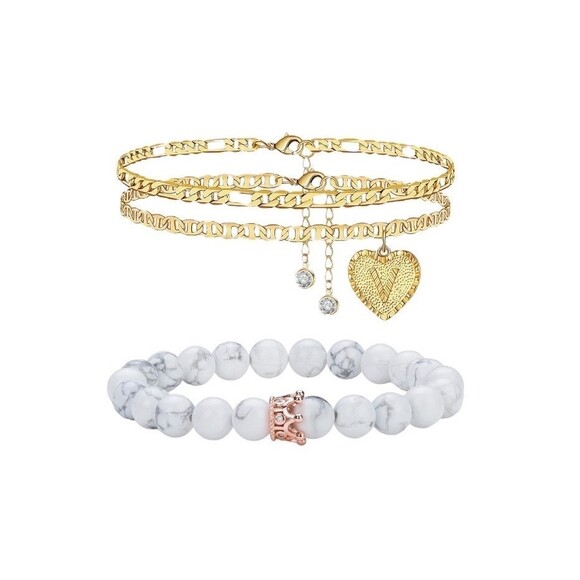 Anklet Bracelet Gold Plated Simulated Howlite Jewelry Adjustable V Initial A1 - Picture 1 of 12